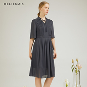 海兰丝夏季商场同款气质灰色五分袖雪纺A字裙简约雪纺裙