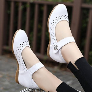 春夏季护士鞋白色真皮坡跟单鞋，内增高小白，鞋牛筋软底浅口镂空女鞋