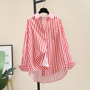 红色条纹衬衫女2024年韩版宽松休闲设计感小众衬衣长袖防晒衣
