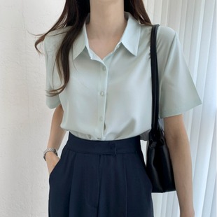 韩国chic夏季简约纯色法式小众高级感翻领，短袖雪纺衬衫上衣女