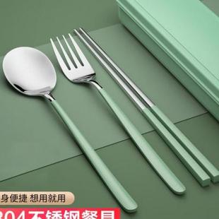 高档叉筷子勺子套装单人学生儿童便携餐具收纳盒三件套TX.黑色3件