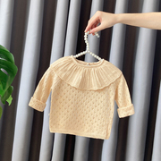 女宝宝针织T恤单层镂空上衣婴儿毛线衣春秋装荷叶领洋气打底衫ins