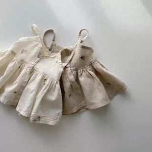 韩版夏季婴幼童装洋气公主衬衫，日系森女风棉麻，无袖吊带上衣女童