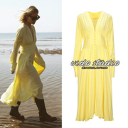 倪妮同款黄色v领连衣裙女24春夏法式复古长袖，收腰气质度假风长裙