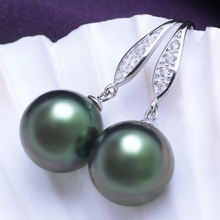 韩国百搭短款孔雀绿大珍珠，耳环925纯银针防过敏气质女士妈妈耳坠