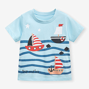 男童纯棉短袖T恤蓝色条纹帆船夏季薄儿童装宝宝洋气圆领上衣8