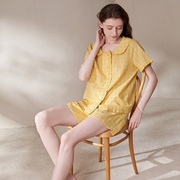 安之伴纯棉睡衣女夏季薄款可爱短袖开衫格子黄色休闲可外穿家居服