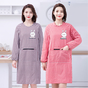 韩版女士时尚格子罩衣，可爱风长袖围裙，家用厨房做饭透气棉布工作服