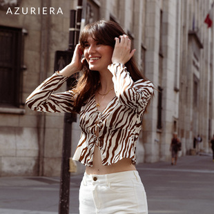 azuriera法式咖啡色斑马纹，印花性感镂空长袖，真丝上衣秋季衬衫女款