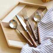 胡桃木实木餐具304不锈钢，牛排叉勺套装西餐，餐勺复古餐勺汤勺