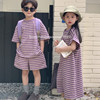 韩国童装女童紫色条纹卫衣裙长裙夏季儿童短袖短裤套装兄妹装时髦