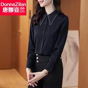 黑色雪纺衬衫女设计感小众春秋韩版时尚，气质缎面职业衬衣