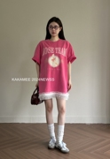 KAKAMEE纯棉少女设计感拼接蕾丝边喷画兔子大版短袖T恤上衣