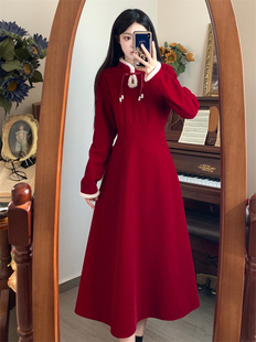 新年红色敬酒订婚礼服战袍，连衣裙女春秋，冬季大码新中式加厚长裙子