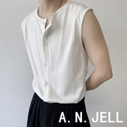 韩国版男装东大门23夏学生黑白纯色纽扣开衫搭配圆领无袖背心坎肩