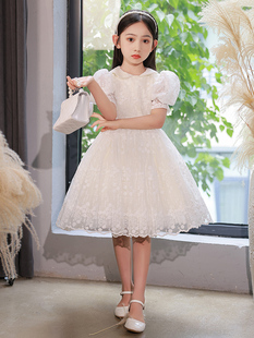 儿童公主裙花童生日主持人小女孩婚礼礼服高端白色女童钢琴演出服