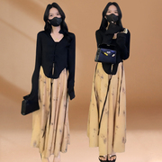 新中式国风套装长袖衬衫女春秋季清冷系禅意氛围感半身裙裤两件套