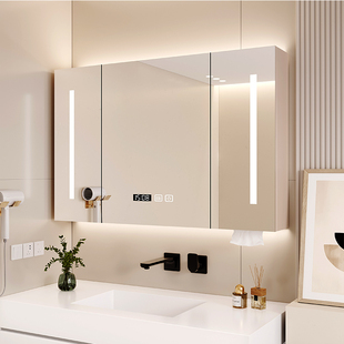 奶油风实木智能，浴室镜柜挂墙式卫生间浴室，镜子洗手间置物架储物柜
