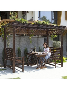 户外庭院葡萄架防腐木屋凉亭，休闲家具碳化实木桌椅，花园长廊爬藤架