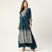 印度进口连衣裙手工刺绣假两件乔其纱民族风长款女装春夏款藏青色