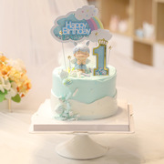 烘焙闪片粉蓝彩虹hb生日快乐甜品台插件兔耳公主王子儿童蛋糕装饰