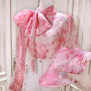 法式高级时尚洋气花绘衬衫女夏设计感甜美印花长袖蝴蝶结系带上衣