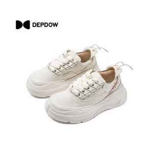 DEPDOW「小尾巴」白色拼接缝线刺绣粗鞋带 超轻休闲厚底帆布鞋