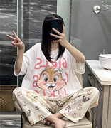 韩版短袖睡衣女夏甜美(夏甜美)可爱松鼠印花家居服大码胖mm200斤长裤套装