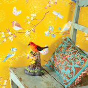 美式墙纸田园花鸟小清新碎花壁纸蓝色黄色，简约现代客厅背景墙卧室