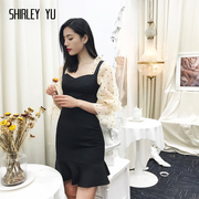 shirleyyu2024黑色泡泡袖鱼尾洋装，小礼服裙聚会宴会名媛仙女