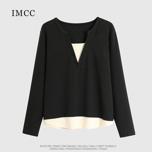 IMCC设计感小众拼色假两件V领德绒加厚T恤女宽松纽扣打底衫上衣