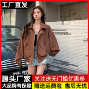 复古港风鹿皮绒夹克外套女春秋季宽松休闲帅气bf风机车服工装上衣