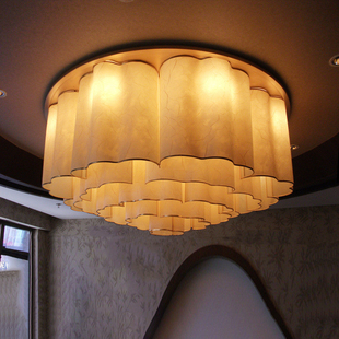现代新中式祥云酒店大堂，布艺工程灯具，大气餐厅客厅圆形羊皮吸顶灯