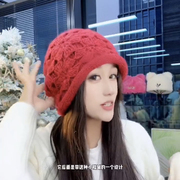 韩版手工钩花堆堆帽秋冬季保暖双层针织套头帽网红时尚毛线帽子女