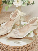 法式婚鞋新娘粗跟高跟鞋，日常可穿白色中跟主，婚纱舒适孕妇不累脚