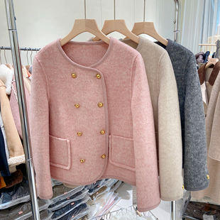 冬季双面羊绒短大衣，韩版小香风双排扣镶边，羊毛外套女士小个子
