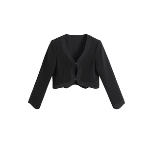 XENSEYOU原创设计黑色V领长袖拼缎面波浪边直筒修身短款西装外套