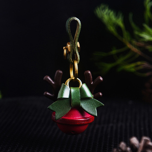 圣诞麋鹿铃铛汽车挂件装饰牛皮蝴蝶结钥匙扣情侣手工特色礼物