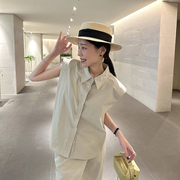 韩国东大门纯色翻领无袖，垫肩衬衫女+高腰显瘦开叉，半身裙两件套装