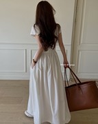 PPSHD春夏韩国小众法式复古气质圆领褶皱拼接大摆型短袖连衣裙女