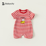 宝宝连体衣夏季0-3新生儿短袖爬服婴儿条纹外出服洋气童装潮