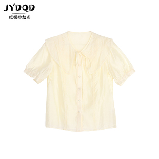 记忆的起点娃娃领白色短袖T恤衫女夏季法式显瘦雪纺小衫67AX15021