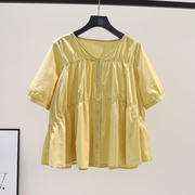 褶皱设计宽松小衫女黄色短袖娃娃衫衬衣2024春季韩版棉布衬衫上衣