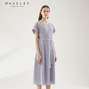 maseley玛塞莉格子淡紫色长裙夏季圆领气质，优雅收腰连衣裙