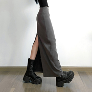 gagaopt2023秋季高级感灰色开叉半身裙高腰包臀显瘦西装长裙