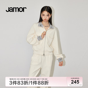 jamor米色立领运动外套，女春季简约纯色字母图案上衣加末