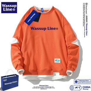 WASSUP Line潮牌卫衣男宽松圆领纯棉上衣套头假两件打底衫春秋季