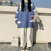秋装学院风甜美宽松百搭圆领毛衣女学生，韩版中长款针织衫外套