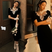 影楼主题服装复古婚纱赫本风法式拍照蕾丝黑色丝绒裙摄影礼服