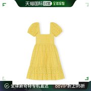 欧洲直邮ganni23女黄色棉质英式刺绣，镂空泡泡袖短连衣裙